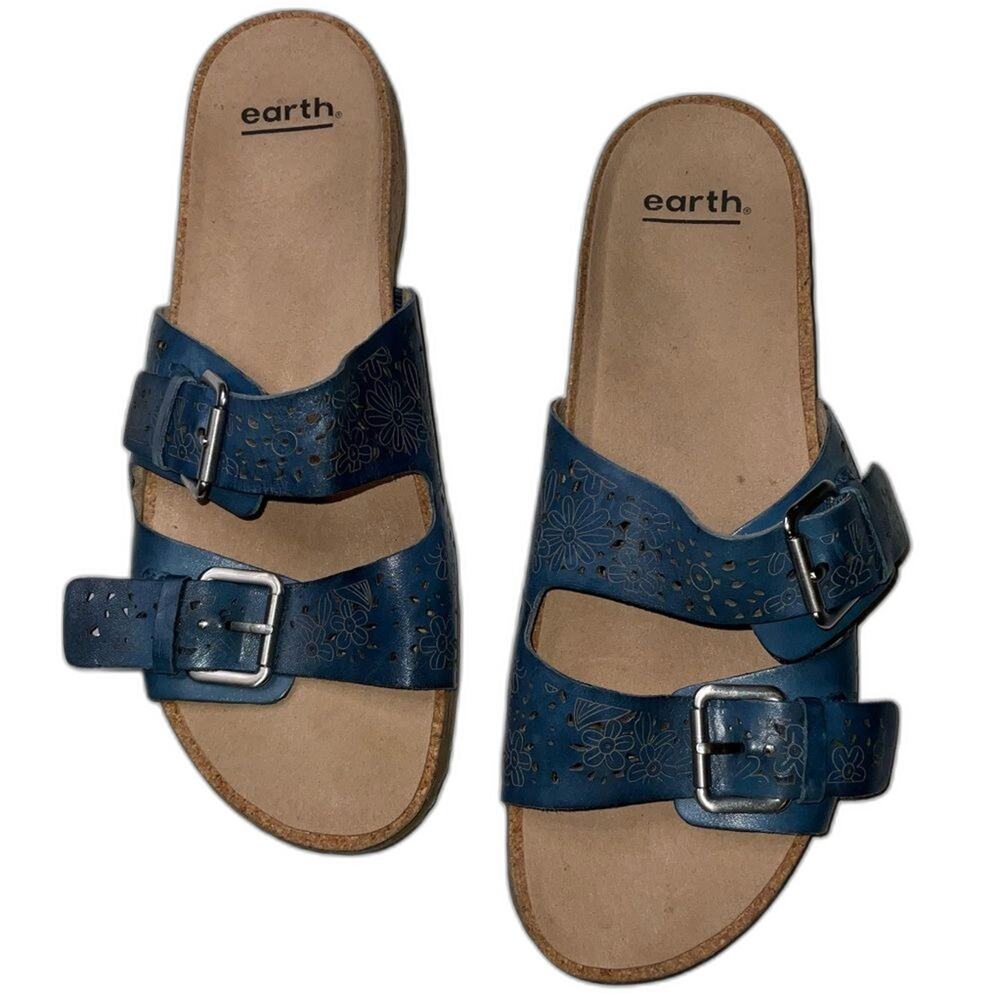 Earth Sandals Sand Antigua Blue Leather Slides Size 11M